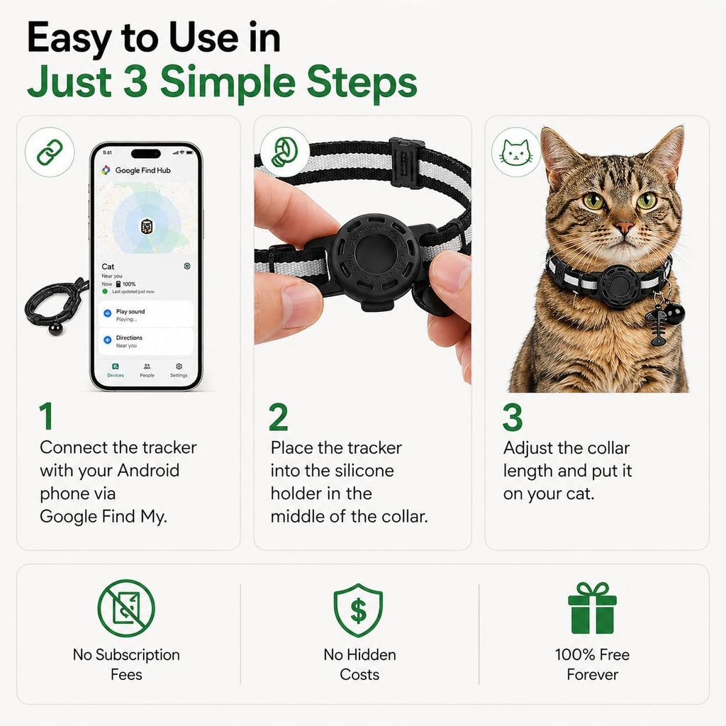 Cat GPS Tracker for Android – Google Find Hub Pet Tracker for Cats, No Subscription, IP67 Waterproof GPS para Gatos, Replaceable 1-Year Battery (Location Reported by Nearby Android Devices) (Black)