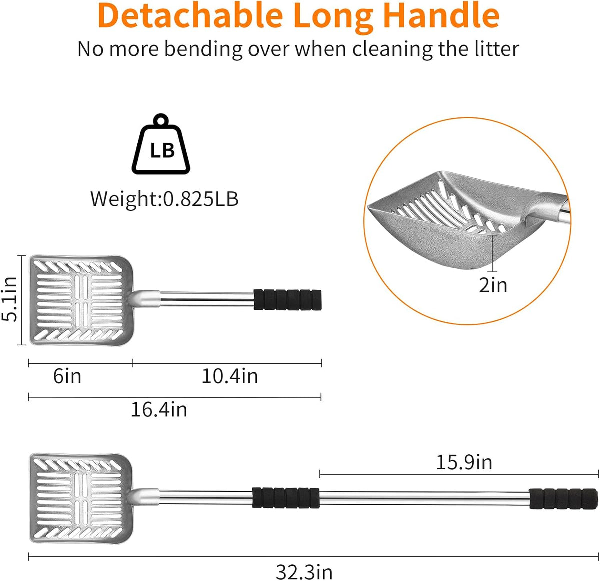 Yangbaga Metal Cat Litter Scoop: Detachable Long Handle Litter Scooper | Heavy Duty Stainless Steel Pooper Scooper w/Deep Shovel-Non Stick Sifter w/Foam Padded Grip-No Bending w/Storage Hook