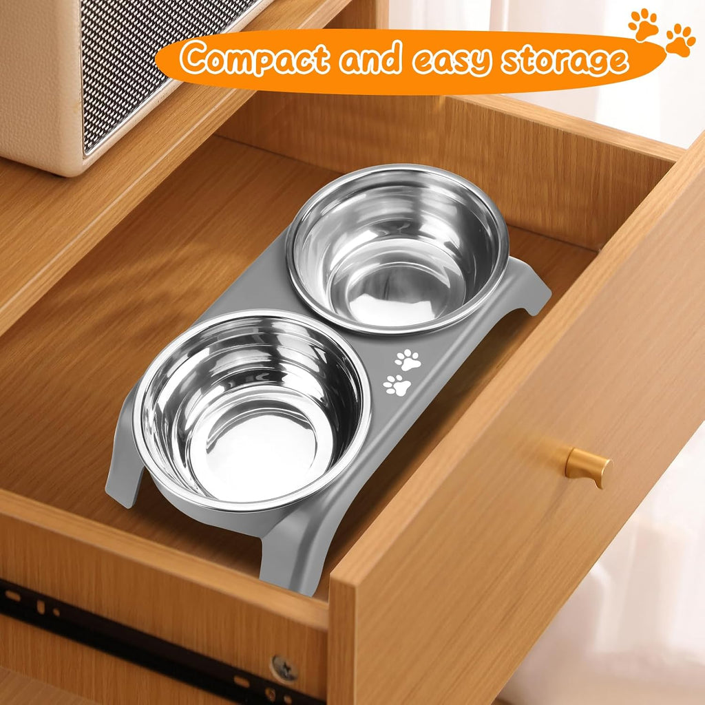 Elevated Dog Bowls for Small Dogs, 3” High Raised Dog Bowl Stand with Dual 5” Stainless Steel Bowls Non-Slip Pet Feeder for Puppy and Cats, Dishwasher Safe, Grey