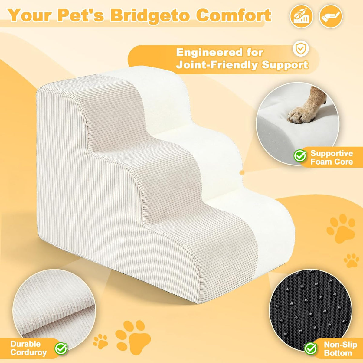 Dog Stairs for Small Dogs, 3-Steps Pet Ramp for Couch Bed, 15" H