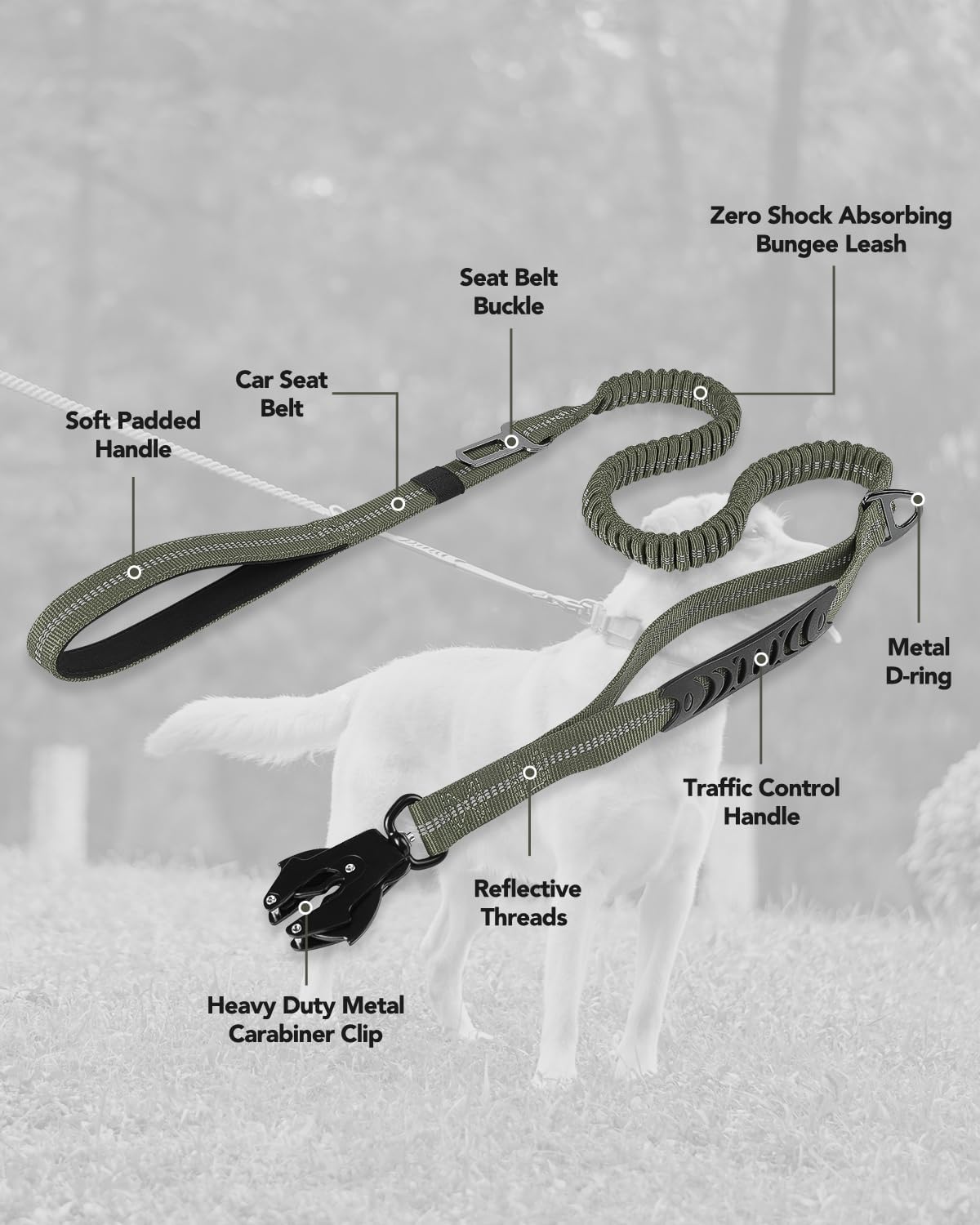Joytale Tactical Bungee Dog Leash, Shock Absorbing No Pull, Army Green