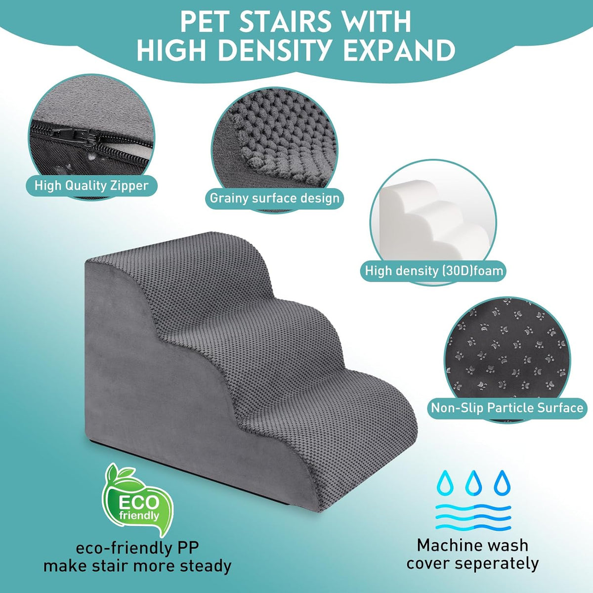 Dog Stairs for Small Dogs 15.7" H, 30D High Density Whole Foam, Corduroy Fabric, Pet Stairs 3-Steps Ramp for Puppy, Older Cat, Non-Slip Bottom Dog Steps for Bed and Couch (Grey, 3-Step)