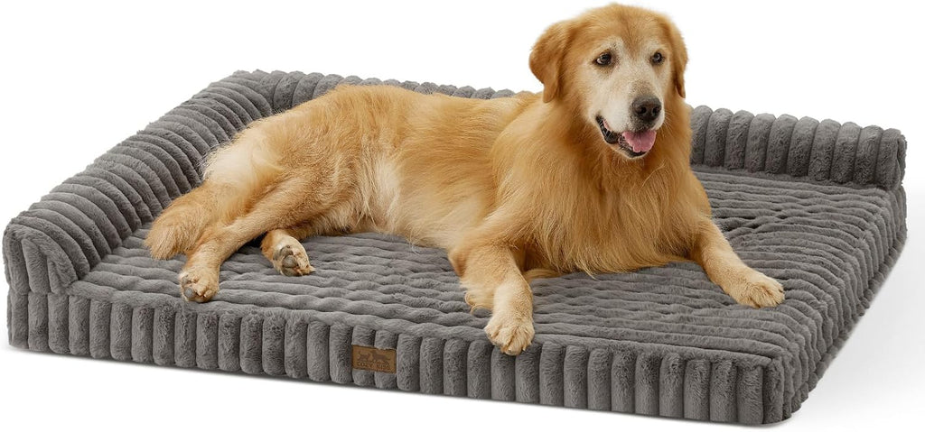 COZY KISS Faux Rabbit Fur Extra Large Dog Bed – 48"x35" Orthopedic Foam Couch with Sides, Removable Washable Cover & Waterproof Lining, Grey