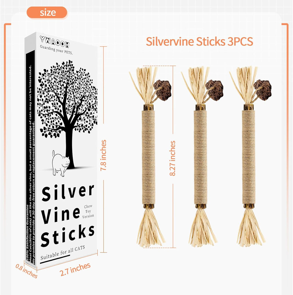 Natural Silvervine Sticks 3Pcs, Cat Chew Toys for Kitten Teething | Silvervine Dental Sticks for Cats & Kittens, Matatabi Chew Toys for Teeth Care, Anxiety Relief & Furniture Protection