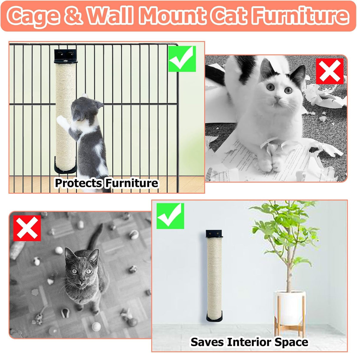 Cat Scratching Post Wall Mounted 2-in-1 Cage Mount Cat Scratcher
