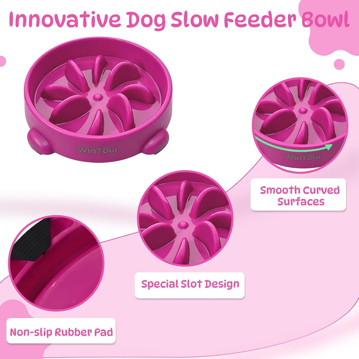 WinTour Slow Feeder Dog Bowls for Small Medium Pets, Round PP Dish, 1 Pack