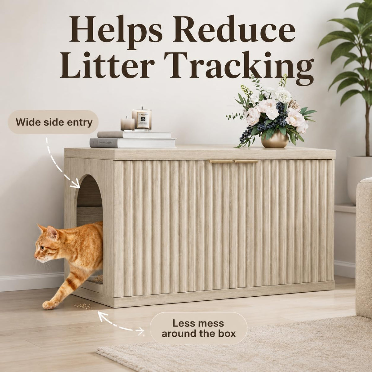 Homhedy Cat Litter Box Enclosure,Modern Fluted Accent,Cream Gray