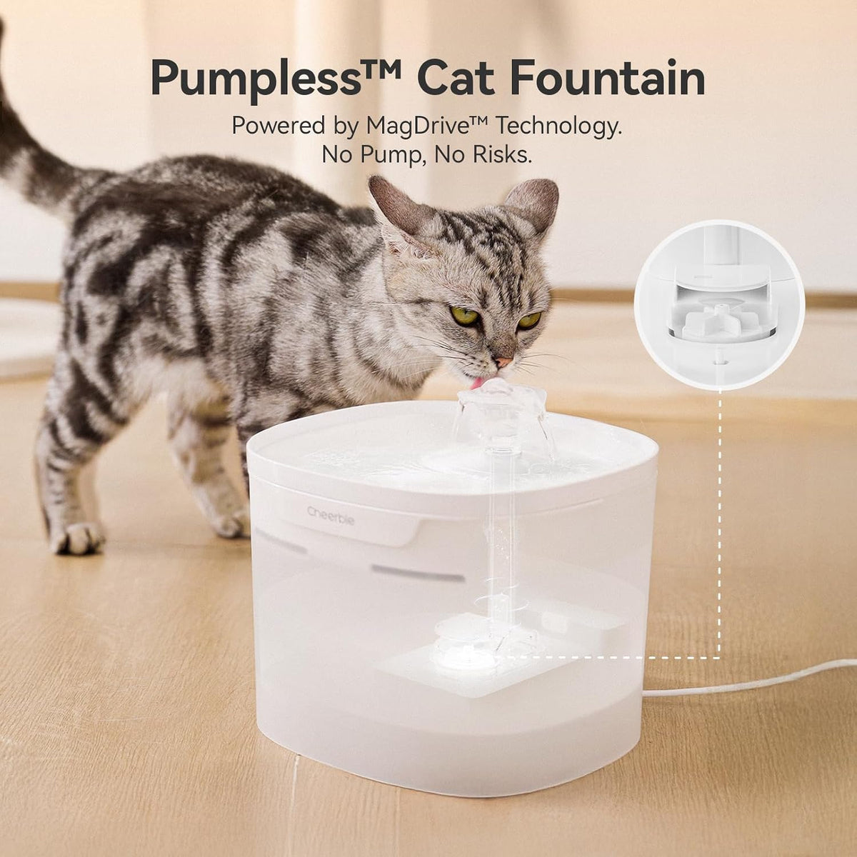 Cheerble Pumpless Pet Fountain Elfin E1 lite with 9 Extra Filters, 2L/67oz Automatic Pet Fountain, Elfin E1 Lite Cat Fountain for Drinking, MagDrive™ Technology, Continuous Flow Mode, BPA-Free
