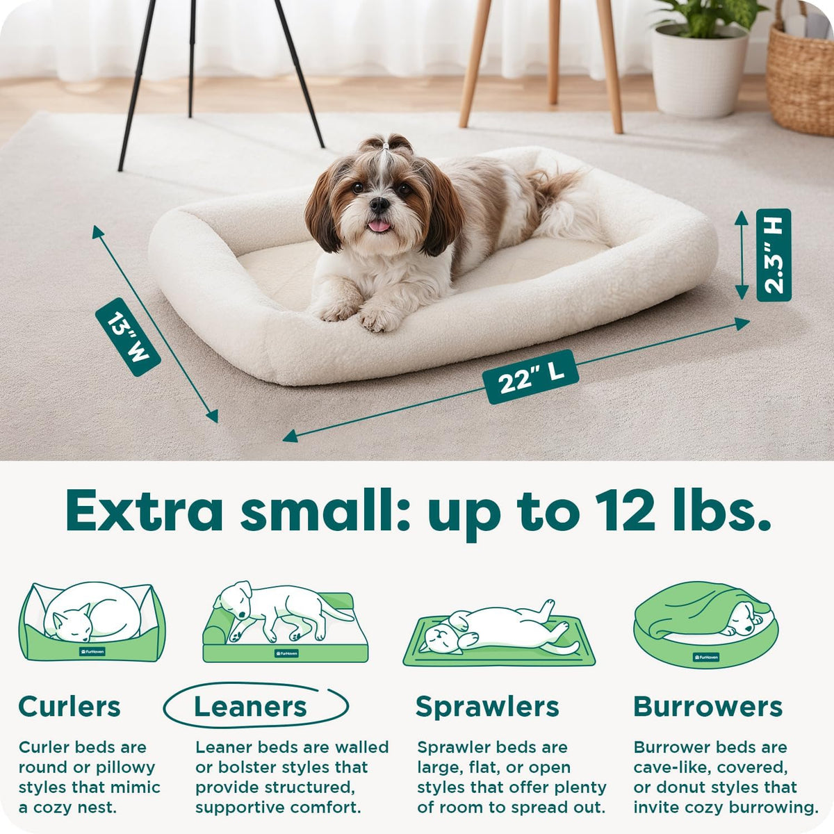 FurHaven Dog Bed for Extra Small Dogs & Cats, Bolster Crate Pad with Soft Supportive Base for Carriers & Kennels, Machine Washable, Extra Small, Sherpa Fleece, Cream