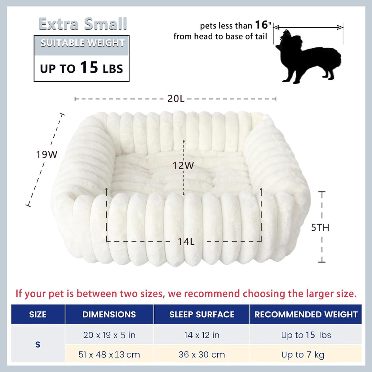 Square Cat Beds for Indoor Cats - Washable Small Dog Beds for Small Dogs, Rectangle Corduroy Fleece Pet Bed with Sides and Nonskid Bottom, Calming Fluffy Puppy Bed Soft Pet Sofa 20x19x5inchs, Cream
