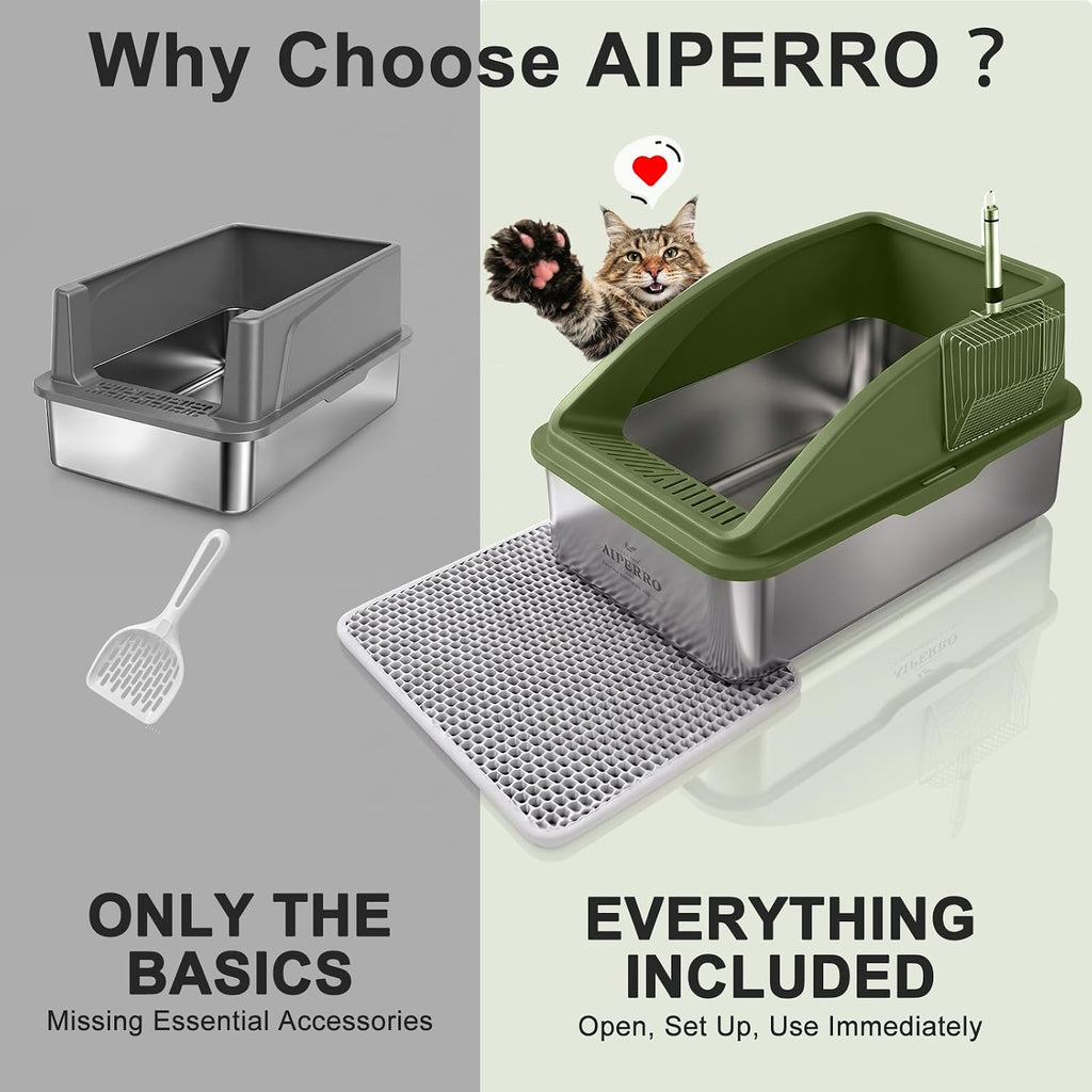 AIPERRO Stainless Steel Litter Box | XL Enclosed Metal Cat Litter Boxes | High Sided with Lid for Big Cats | Anti-Urine Leakage | Non-Stick Bottom & Includes Litter Mat & Metal Scoop (Olive Green)