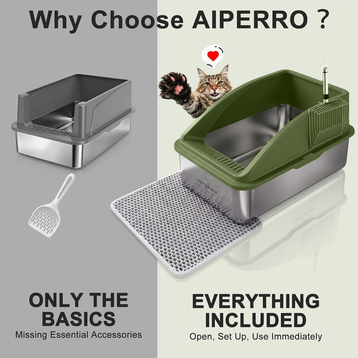 AIPERRO Stainless Steel Litter Box | XL Enclosed Metal Cat Litter Boxes | High Sided with Lid for Big Cats | Anti-Urine Leakage | Non-Stick Bottom & Includes Litter Mat & Metal Scoop (Olive Green)