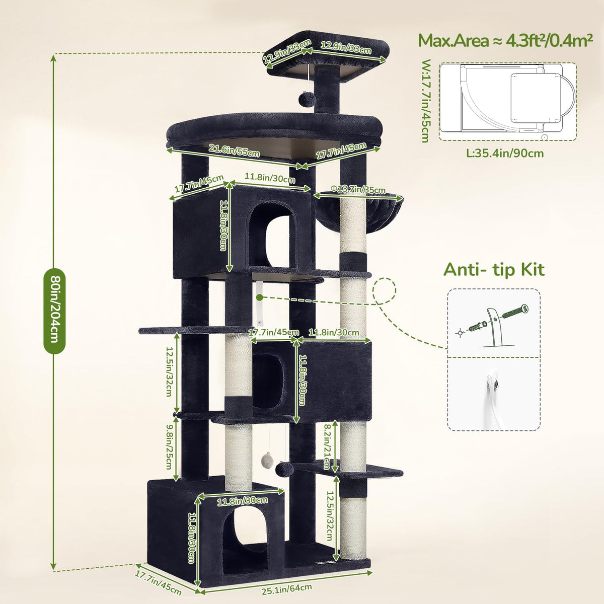 Globlazer Large Cat Tree for Large Adult Cats, Tall Sturdy Cat Tower, S80