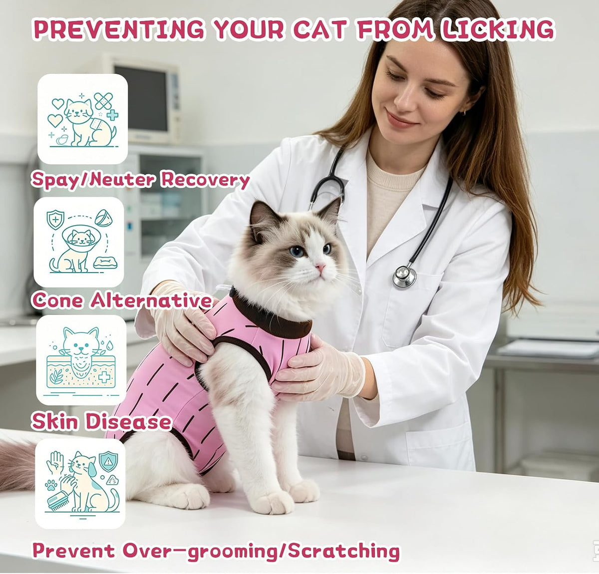 Cat Spay Recovery Suit Female, Cat Onesie for Abdominal Wounds, Pink M