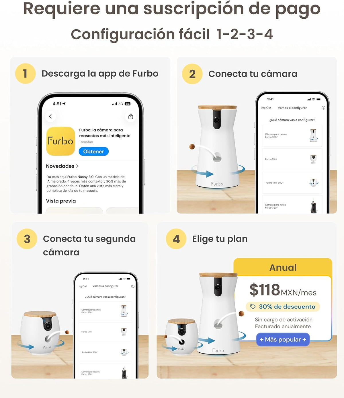 Furbo 360° Dog Camera + Mini 360° Cam [New Subscription Required at Setup] 2-Camera Bundle Nanny Subscription: Dog Safety Alerts, Pet Camera with Speaker, Phone App & Night Vision