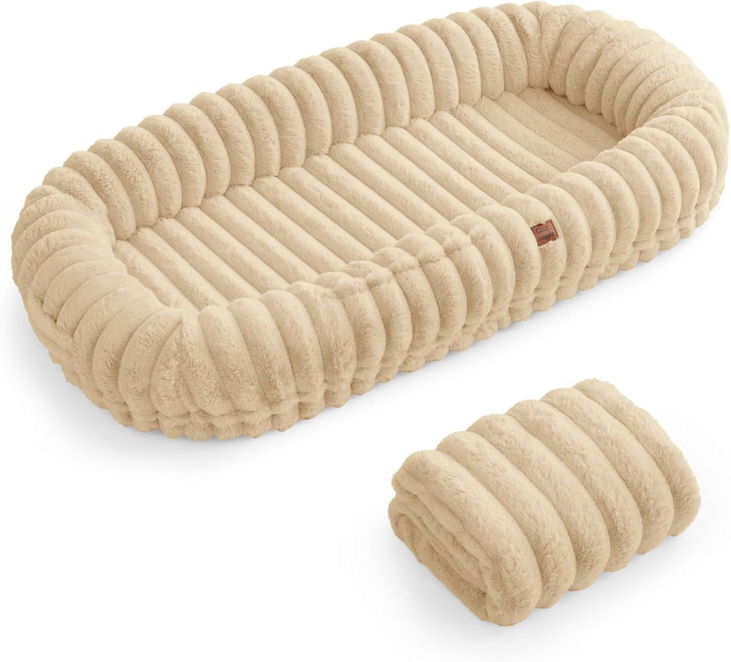 ChiXnuggle Orthopedic Human Dog Bed,Striped Faux Fur Washable Cover,Blanket