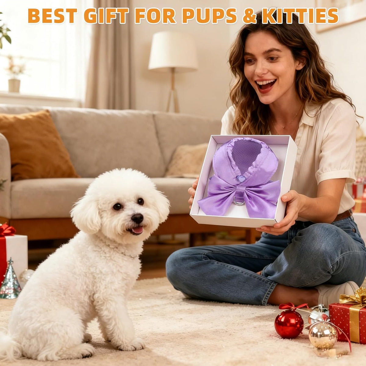 KOOLTAIL Small Dog Harness and Leash Set, Cute Puppy Vest Harnesses with Bowtie, Step in No Pull Soft Mesh Padded Adjustable Pet Harness for Extra-Samll Medium Dogs Cats, Boy Girl, Purple XS