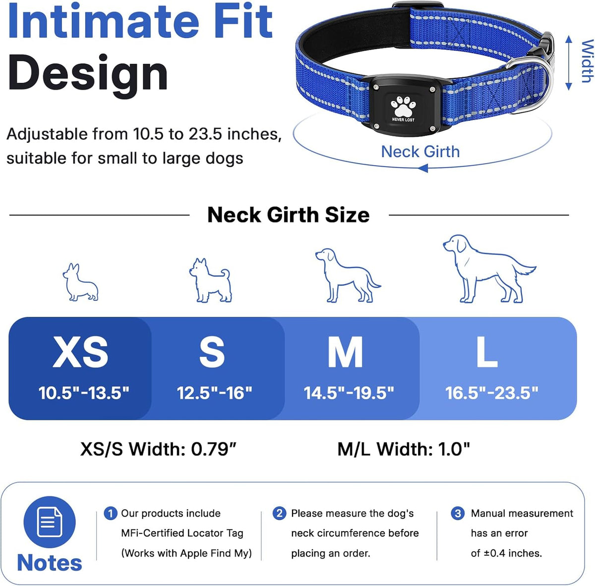 GPS Dog Collar with Tracker, Waterproof, No Monthly Fee, Blue, S