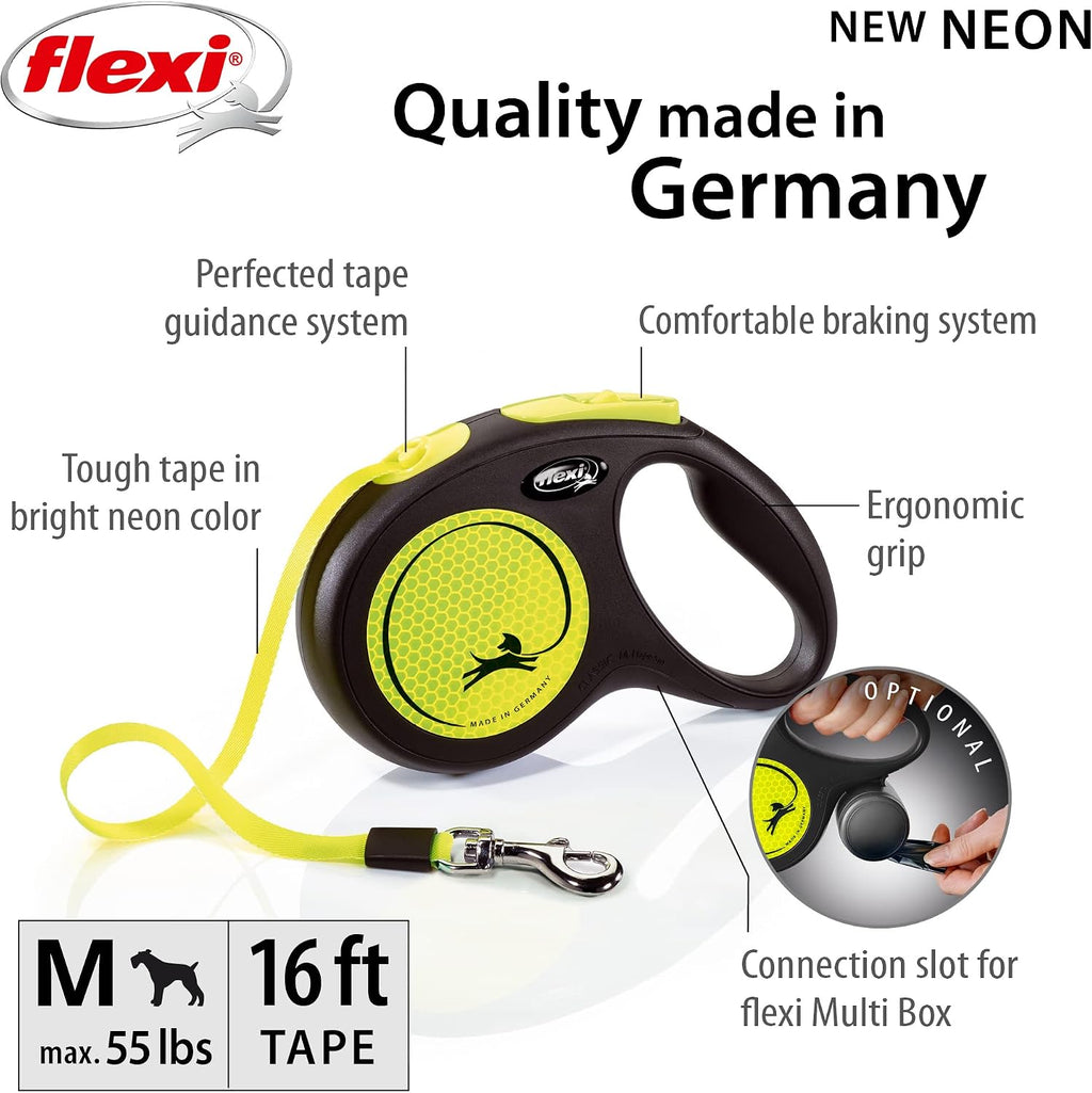 FLEXI® Neon Tape Retractable Dog Leash, Medium, 16 ft - Neon Yellow/Black