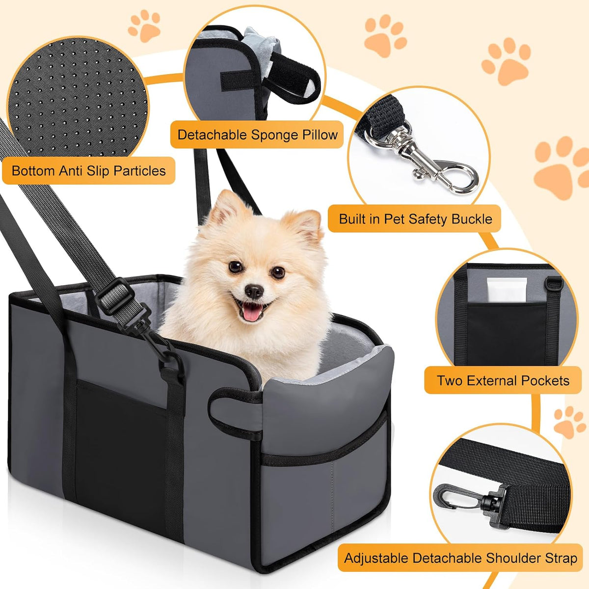 Portable Dog Car Seat for Small Dogs, Puppy Car Seat, Grey