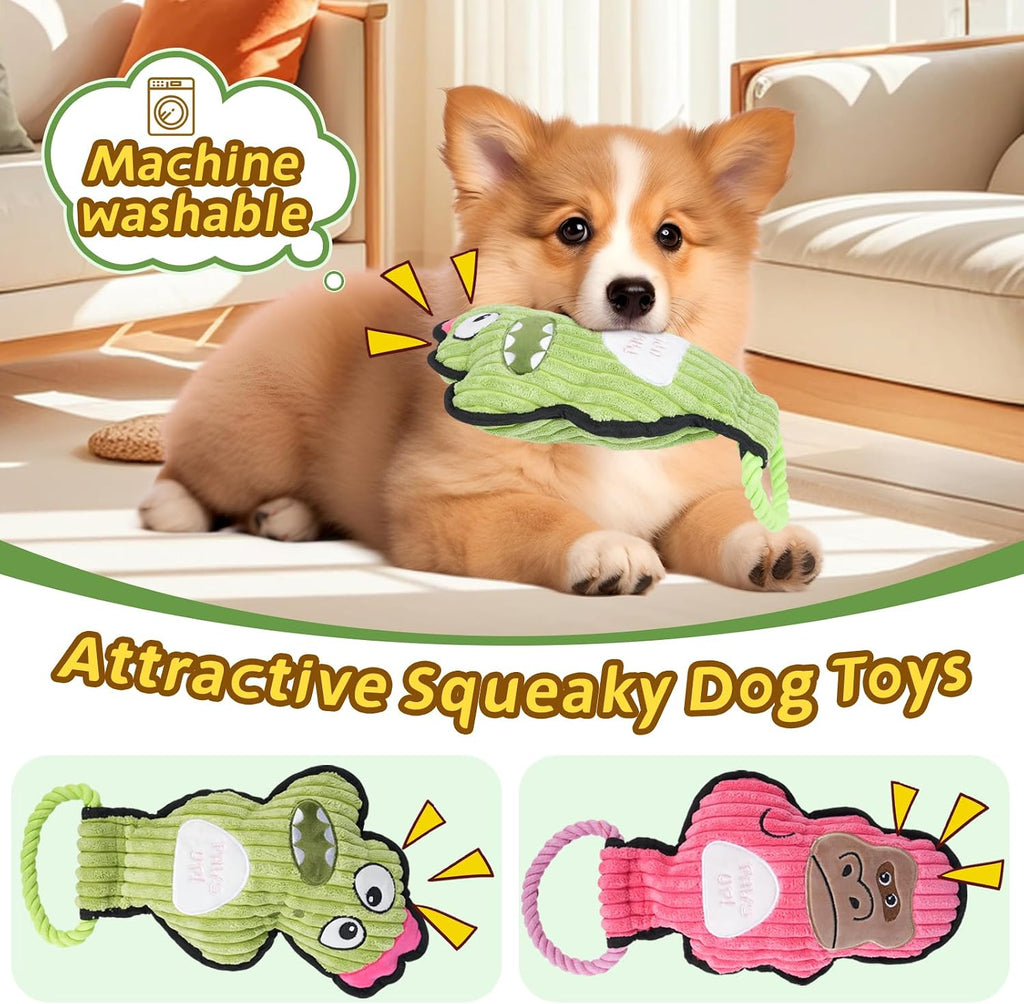 2-Pack Crinkle and Squeaky Dog Toys & Tough Tug of War Set - No Stuffing Chew-Resistant Plush Toys to Keep Them Busy, Best Birthday Gift for Small/Medium/Large Breeds (Dino & Gorilla)