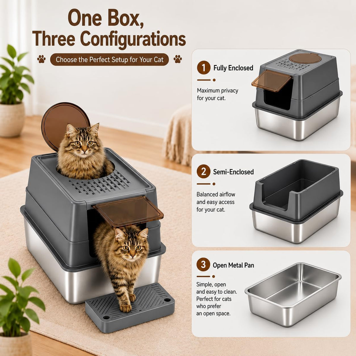 Stainless Steel Cat Litter Box with Lid, XL Enclosed Covered Litter Box for Large Cats, Front Entry Top Exit, High Sided Metal Litter Box, Odor Control, Leak Proof, Scoop & Pedal Included