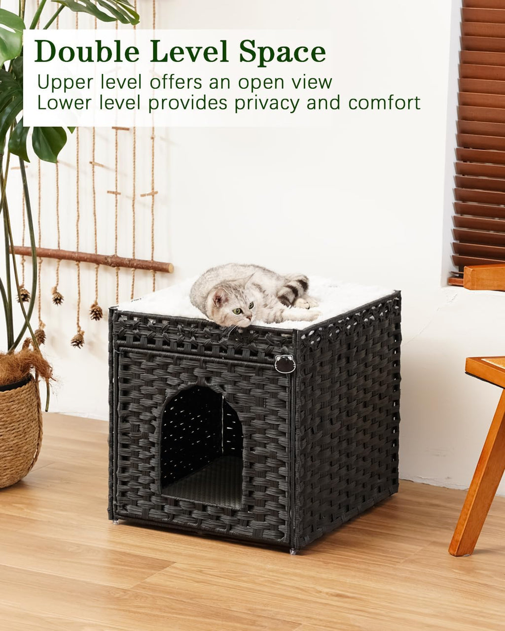 SETVSON Cat Litter Box Enclosure Furniture, Hidden PE Rattan, Black