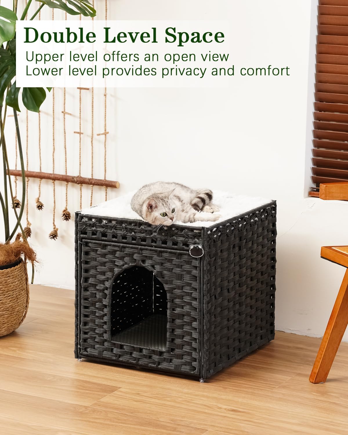 SETVSON Cat Litter Box Enclosure Furniture, Hidden PE Rattan, Black