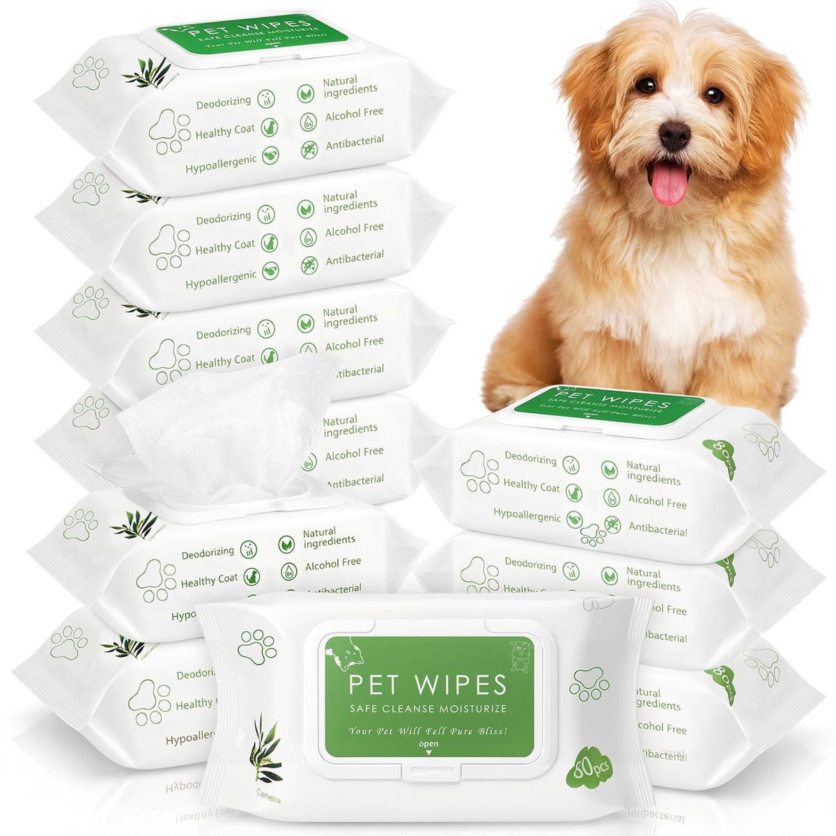 Treela 10 Pack Dog Pet Wipes, 80 Count Paws Body, Tea Tree Flavor