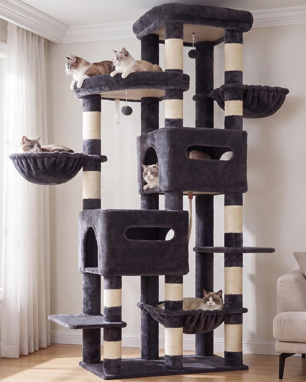 Heybly Cat Tree, 74.8-Inch Spacious & Tall Cat Tower for Large Cats HCT062G