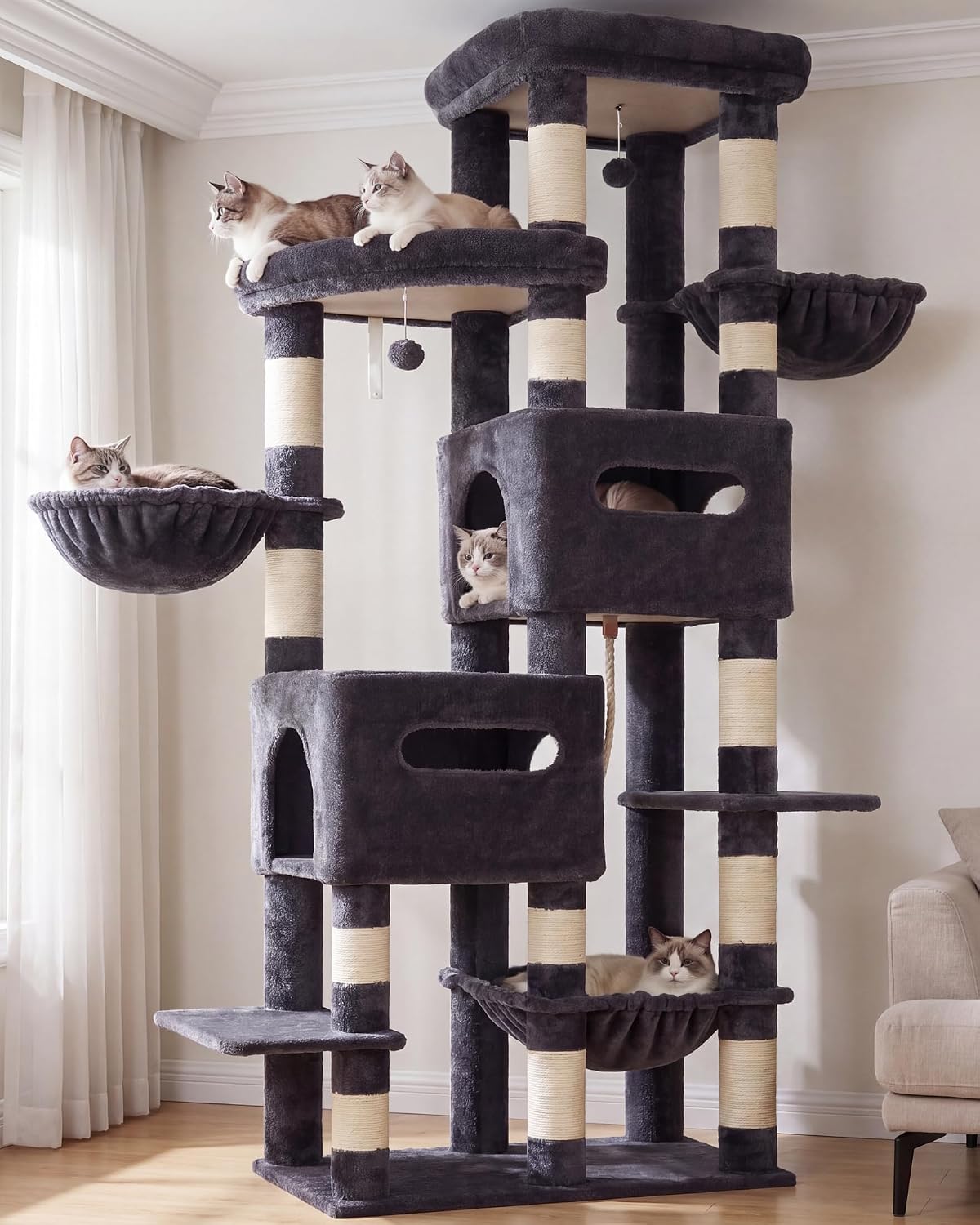 Heybly Cat Tree, 74.8-Inch Spacious & Tall Cat Tower for Large Cats HCT062G