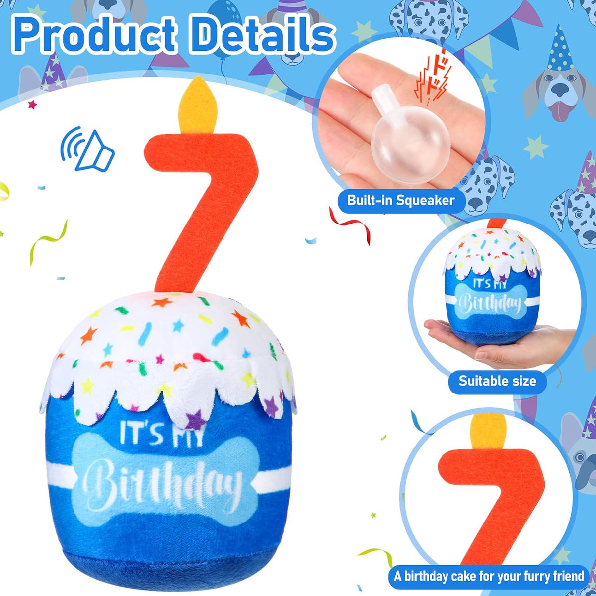Dansydaisy Dog Birthday Cake Toy Squeaky Plush Gift,7th,Blue | Interactive Squeaky Gift for Dogs, Dog Birthday Decor , Soft Chew for Small Medium Large Pets, Cake Design with Candle