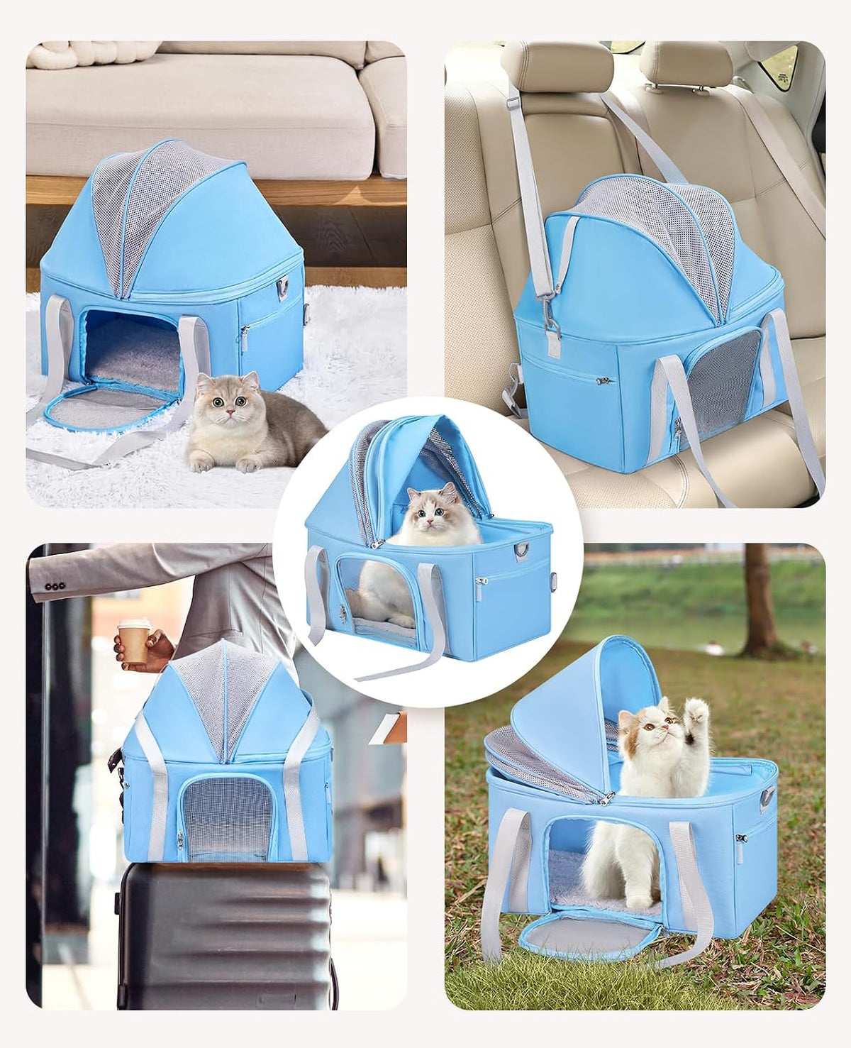 BurgeonNest Top-Expandable Cat Carrier with Semi-Open Canopy for15lbs, Blue