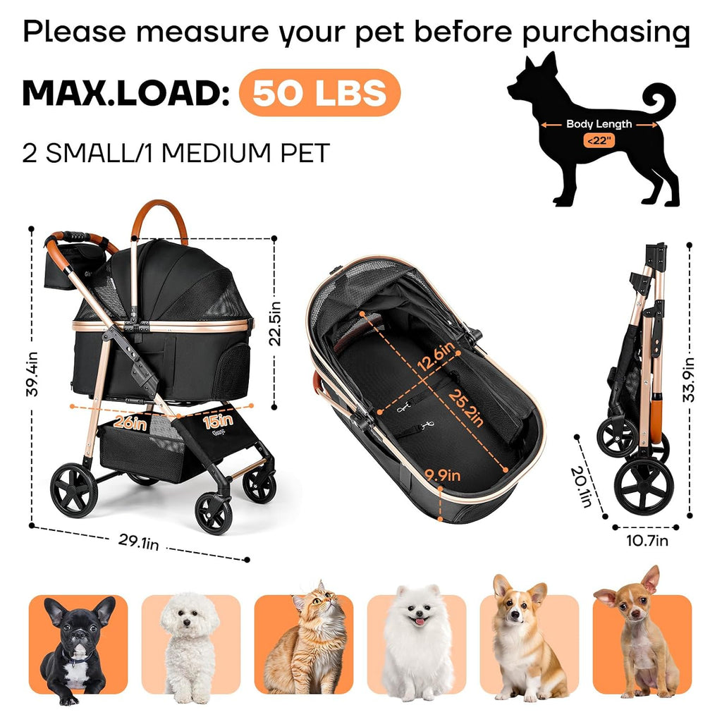 Dog Cat Stroller for Small/Medium Pets, 50 lbs, 3-in-1 Pet Stroller, Black