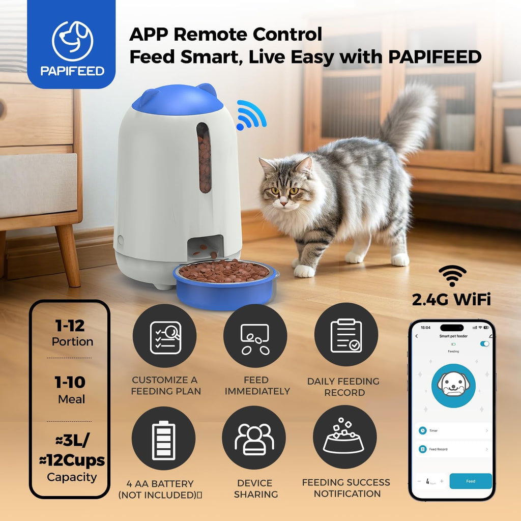 PAPIFEED 2-in-1 Automatic Cat Feeder and Pet Camera Combo, 1080P HD & 360°Pan-Tilt, 3L Cat Food Dispenser with App, 2.4G WiFi Timed Cat Feeder for Dry Food, Automatic Cat Feeder with Camera