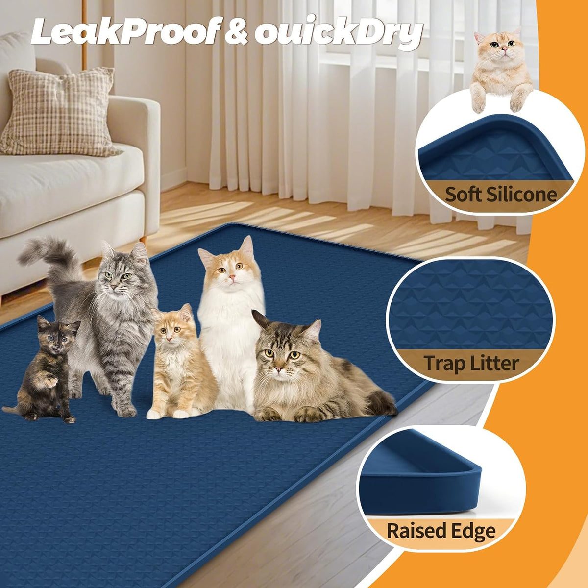 Cat Litter Mat for Litter Box 51"x25.6" Extra Large Silicone Mat, Blue