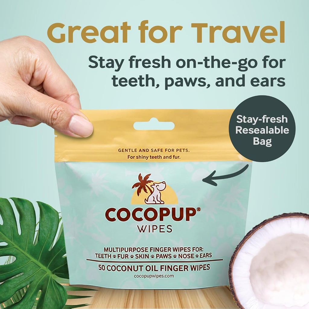 Cocopup Dog & Cat Dental Wipes, Coconut Oil Finger Toothbrush Cleaner | Coconut oil-infused finger wipes for dogs and cats; helps clean teeth, freshen breath, and wipe ears, nose, paws, and fur.