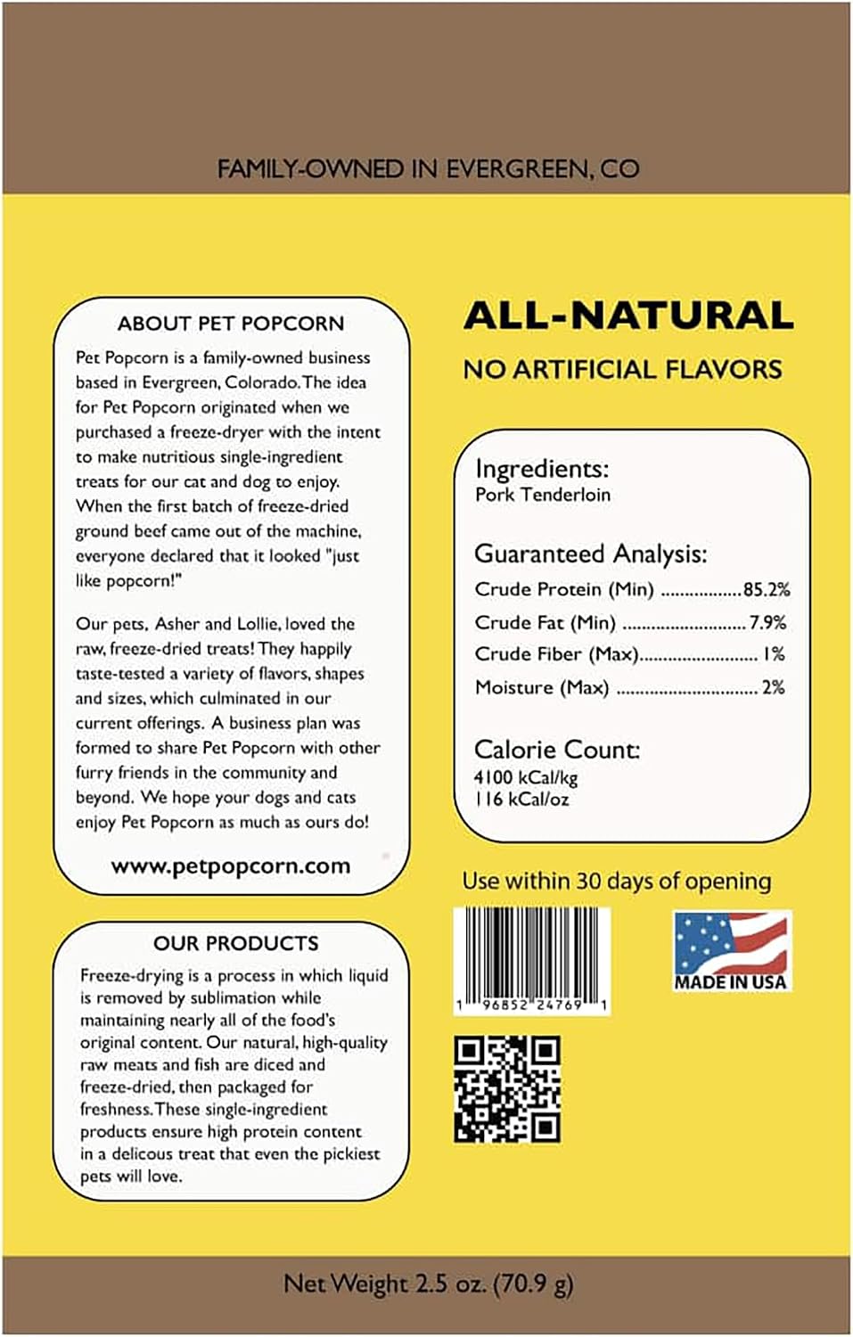 Freeze-Dried Raw Treats - Pork Tenderloin - 2.5oz Bag, Dog & Cat Snacks, Single Ingredient, Natural, Pet Food Topper, Protein‑Packed Meat