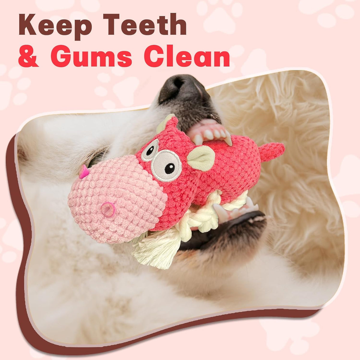 TOOPTATE Hippo Squeaky Dog Toy, Pink, Medium | Cute Plush Design, Rope Legs for Tugging, Helps Keep Dogs Busy, Suitable for Small, Medium, and Large Dogs