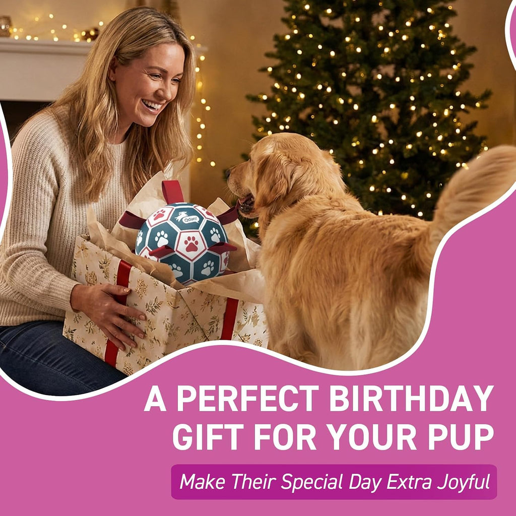 QDAN Large Dog Soccer Ball with Straps, 9 Inch Big Balls for >90 lbs Dogs | Giant Herding Ball for Dogs, Interactive Dog Toys for Tug of War, Puppy Birthday Gifts, Water Toy, Training Soccer Balls