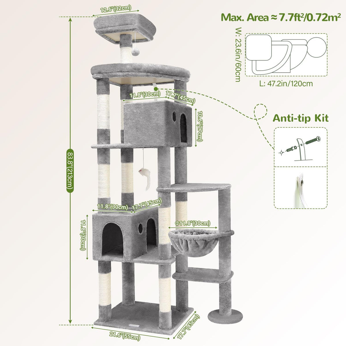 Globlazer Giant Cat Tree for Indoor Large Cats, 83in, F83, Light Grey