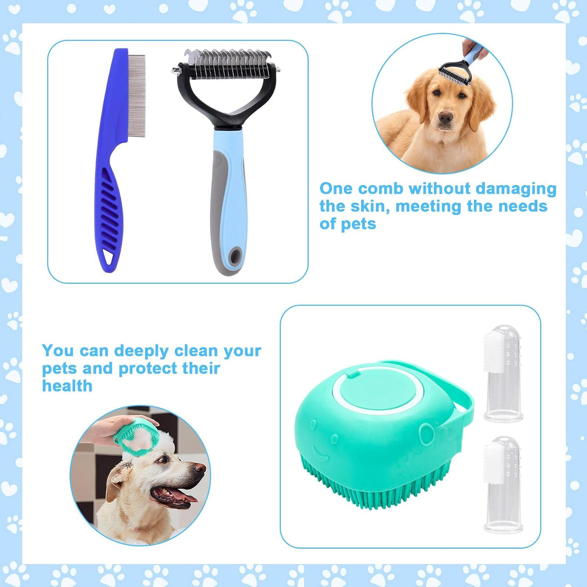 VCZONE 8 Pcs Dog Brush Grooming Kits, Includes Pet Nail Clipper and File, Flea Comb, Pet Shampoo Bath Brush, Pet Shedding Brush, Pet Dematting Comb, Silicone Toothbrush (Blue)