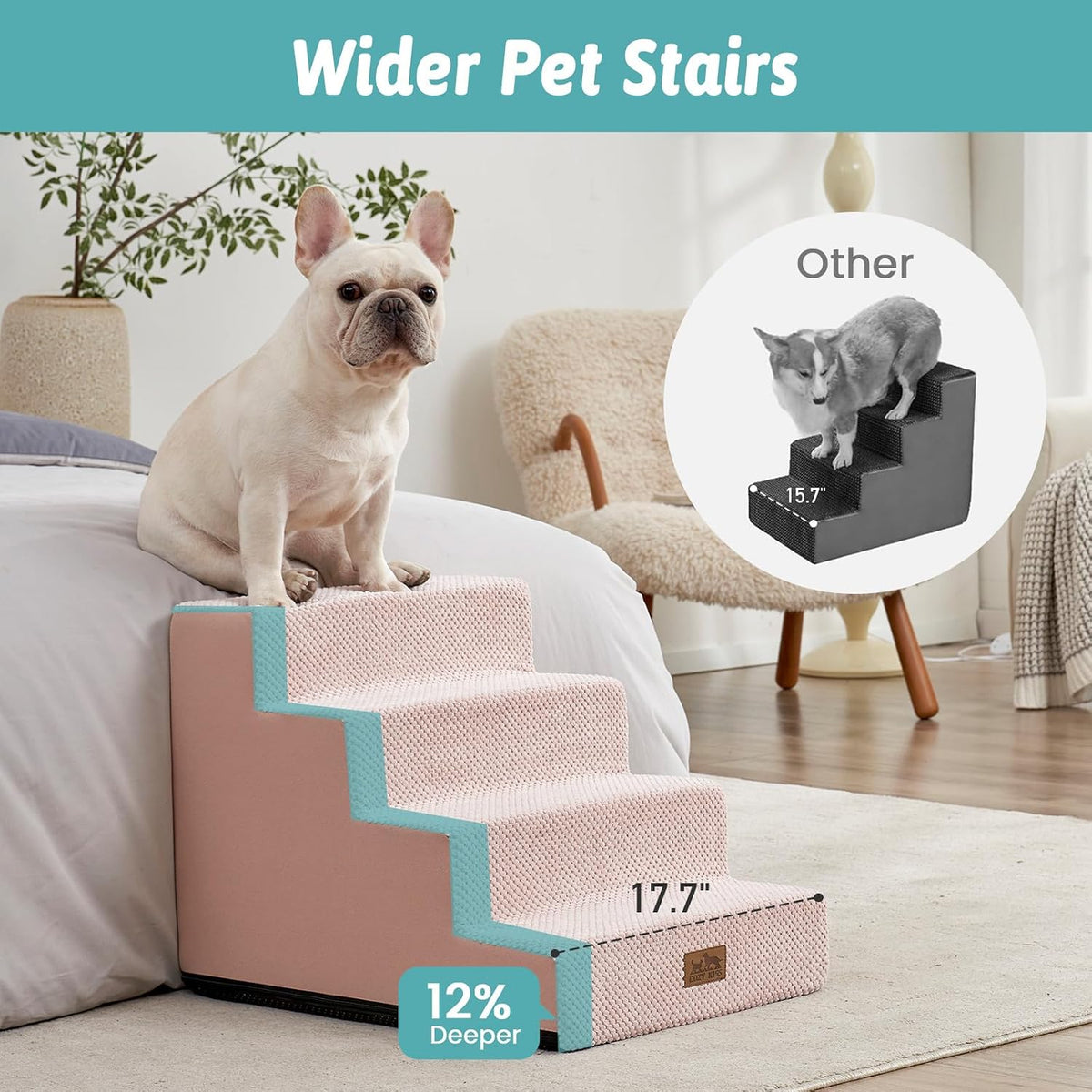 COZY KISS Dog Stairs for Small Dogs, 4 Step Pet Stairs for Beds & Couches