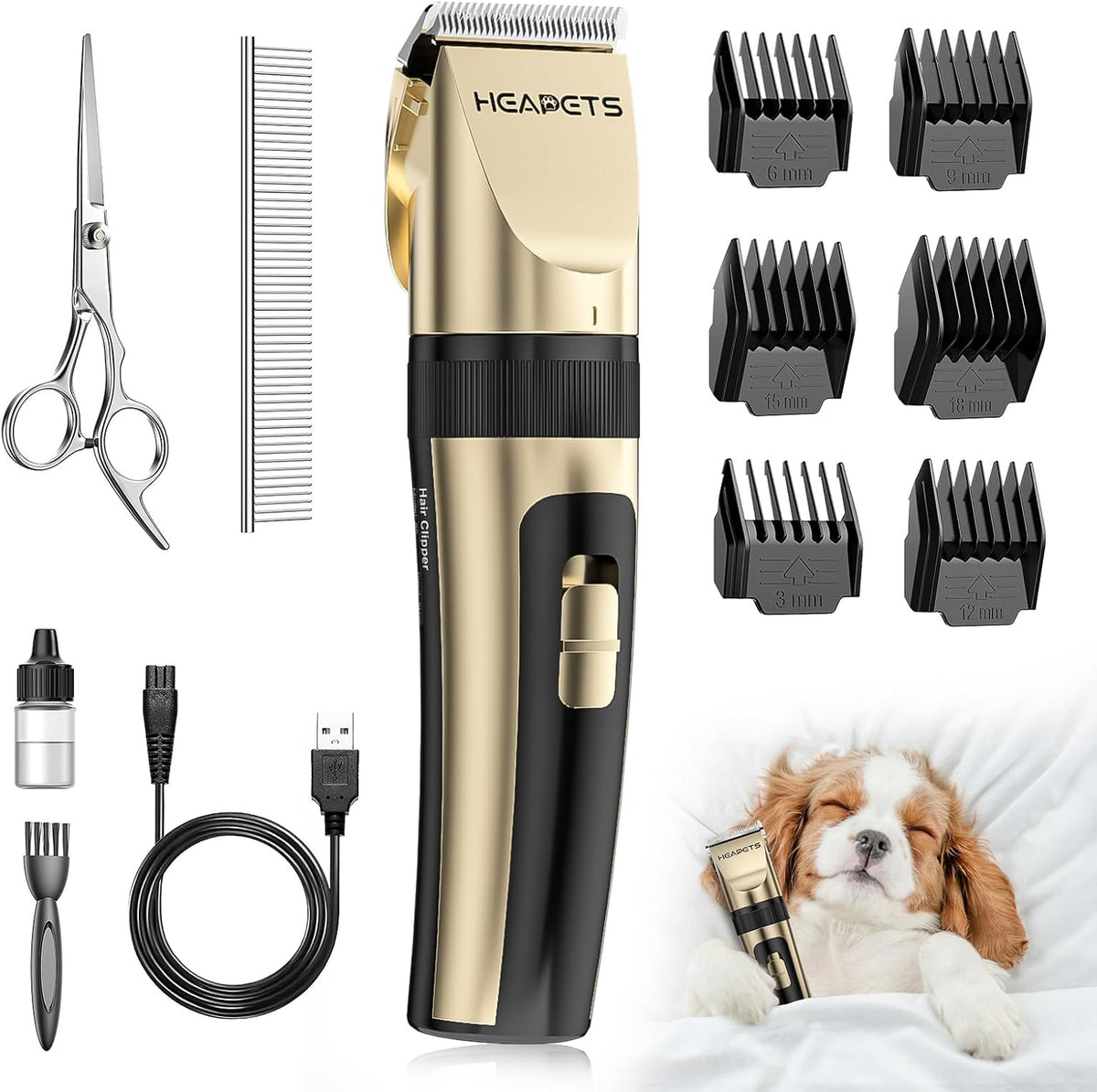 HEAPETS Dog Grooming Clippers, Low Noise, Electric Quiet, Adjustable Clipper Comb, Rechargeable Cordless Dog Hair Clippers for Dogs Cats Pets, Gold
