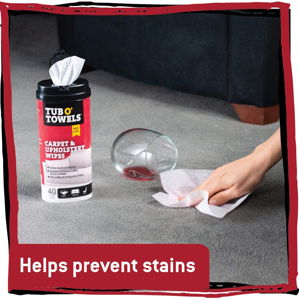 Tub O' Towels Carpet & Upholstery Cleaning Wipes 2 Pack – 7 x 8 Pre-Moistened Multi Surface Fabric Cleaning Wipes, 40 Count for Carpet, Rugs & Furniture
