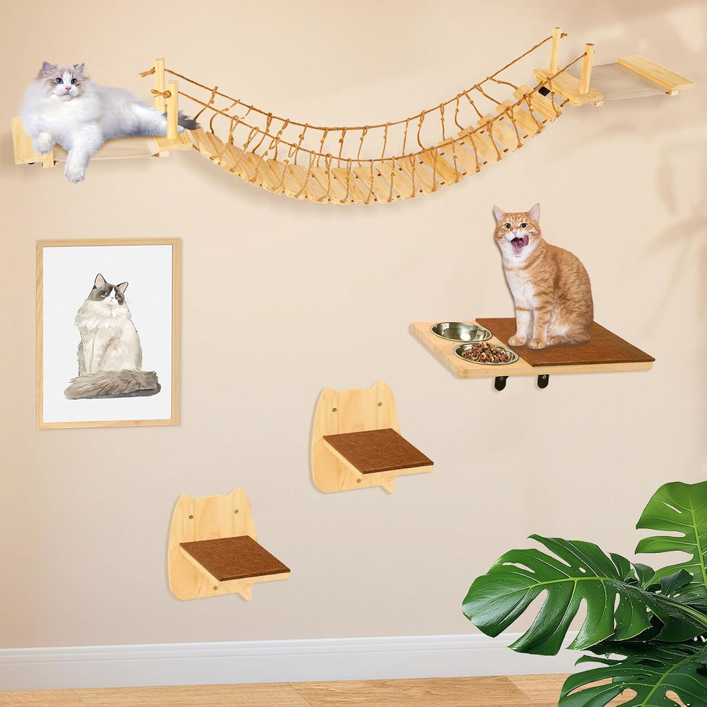 Calmbee Cat Wall Shelves, Cat Wall Furniture 70" Cat Bridge Wall Mount Cat Perch Wooden Hammock Cat Tree Cat Climber Cat Cloud Shelf Board Cats Bed