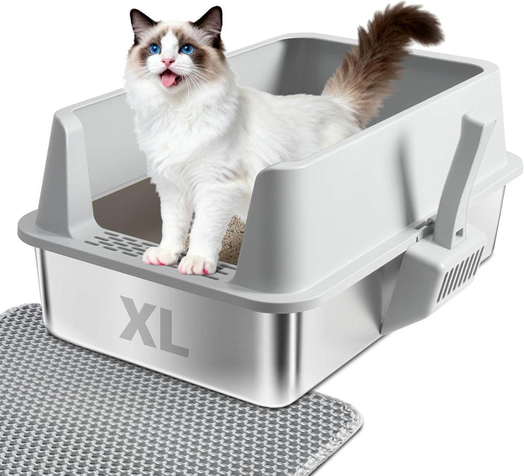 Stainless Steel Litter Box XL-Metal Cat Litter Box for Big Cat | Large Metal Litterbox with High Side，Non-Stick, Odor-Resist, Anti-Urine Leakage, Easy-Clean, Includes Mat & Scoop