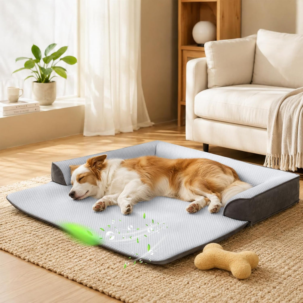Medium Dog Bed for Couch, Cooling Orthopedic Dog Bed, Removable Washable Cover, Waterproof Lining, Non-Slip Bottom, Dog Sofa Bed with Extended Mat, Size: 35.1"*31"*4.9"