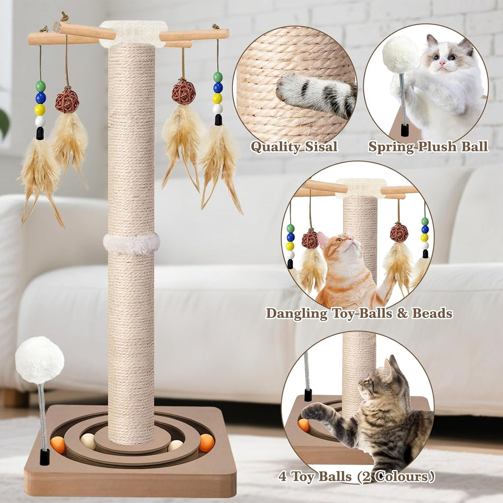 Tall Cat Scratching Post, 33 Inch Sisal Scratcher with Toys for Large Cats