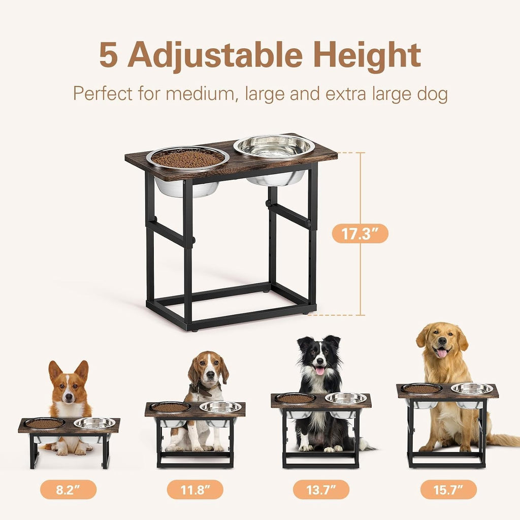 Zarler Elevated Dog Bowls for X-Large and Large Breed, 5 Adjustable Heights from 8.2'' - 17.3'', 2 Stainless Steel Bowls, 8.2'',11.8'',13.7'',15.7'',17.3'' Raised Dogs Food Bowl Stand